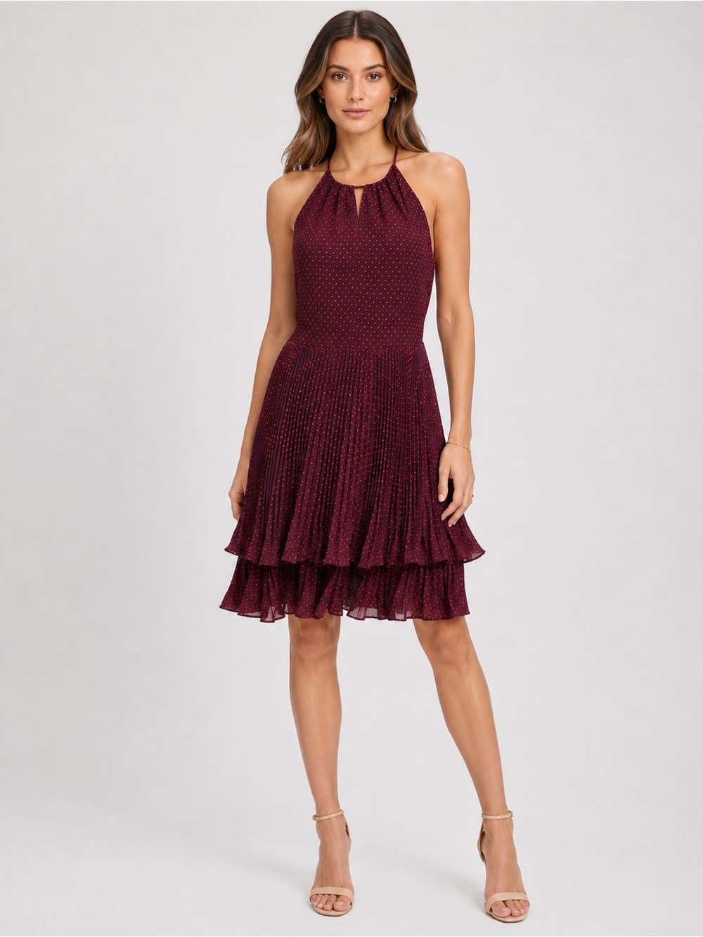 Ann Taylor Dress Sz 4 Polkadot Purple Orange Pleated Tiered Flowy Halter Top New